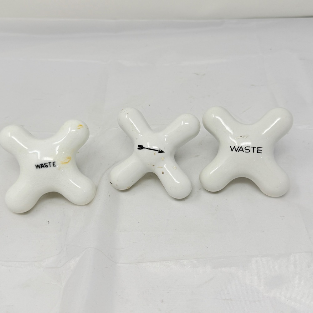 Vtg White Ceramic Cross Faucet Handles Waste Arrow Set of 3 Antique Sink Knobs